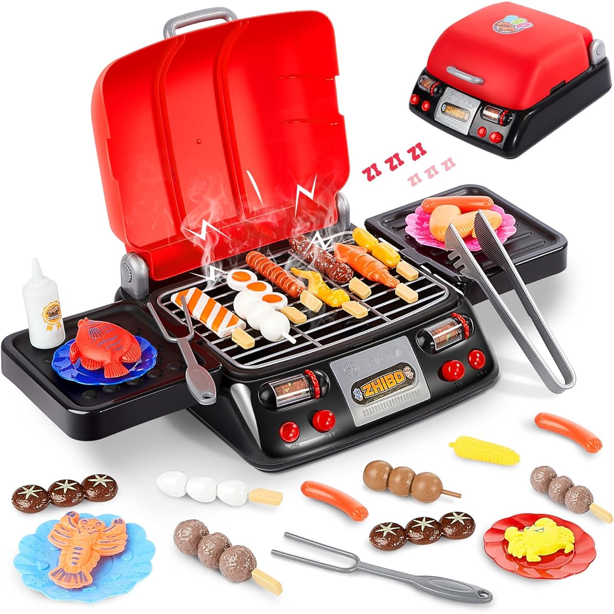 Grill Playset for Kids, Kitchen Pretend Play Set, Kids BBQ Grill Pretend Food Grill with 15 Fake Food Accessories, Toys, Pretend Cooking, BBQ Accessories, Camping Toys for Teens, Girls, Boys
