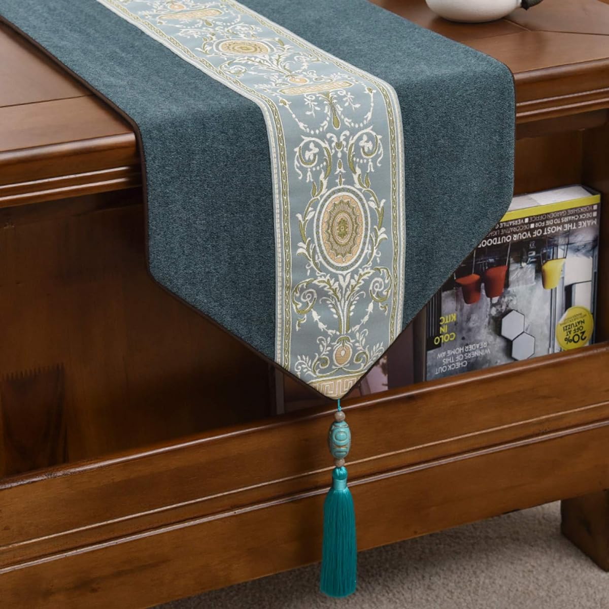 th Tassels, Elegant and Luxurious, Jacquard Weave, Placemat, Dining Table Cover, Floral Pattern, Colorful, Modern, Good Touch, Kitchen and Living Room, TV, Improves Atmosphere, Dustproof, Stain Prevention, Wedding Reception, Event, 33*220cm, Table Runner