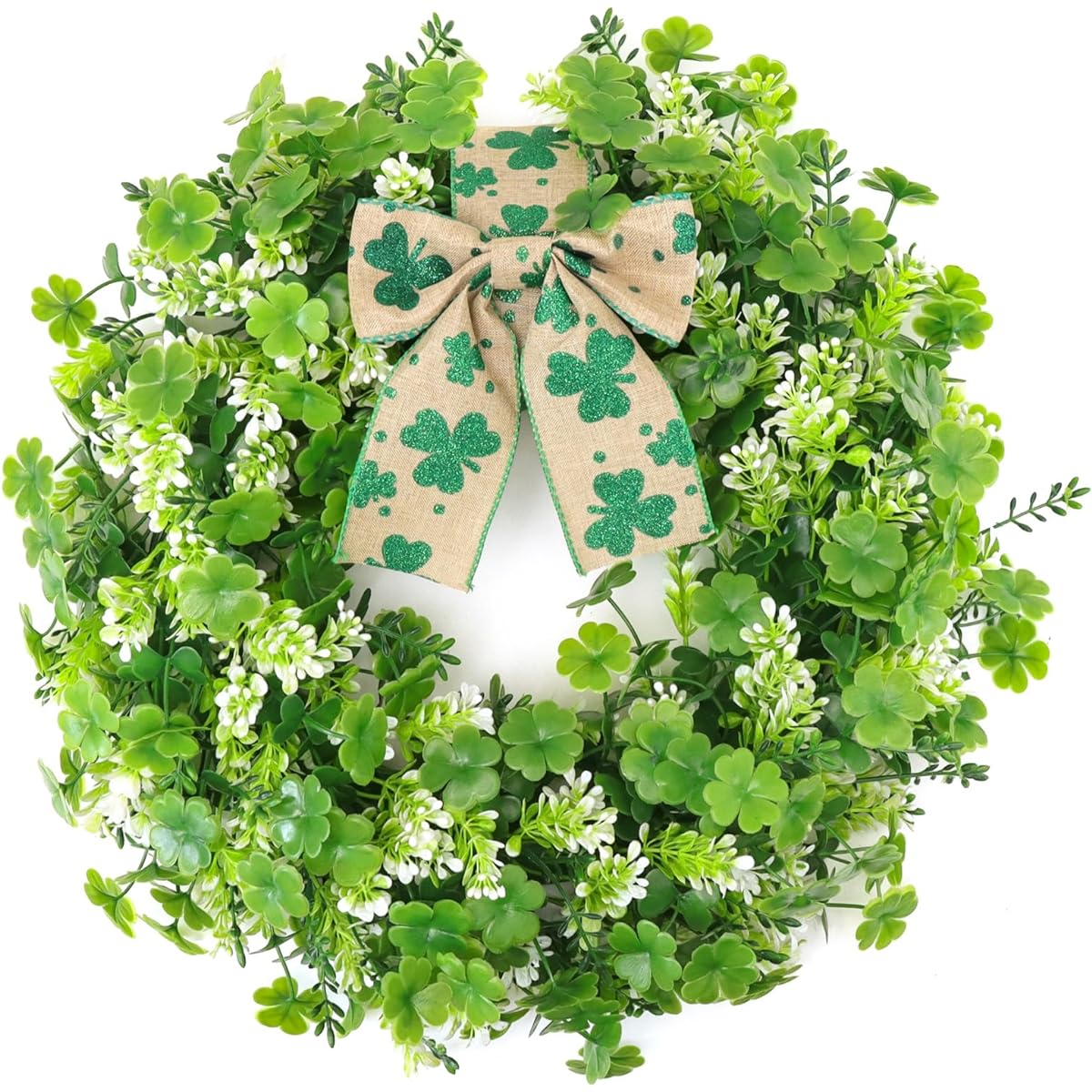 POILKMNI 18" St. Patrick's Day Wreath Decorations Shamrock Clover Decor with Bow for Front Door Home Wall Porch Party Supplies