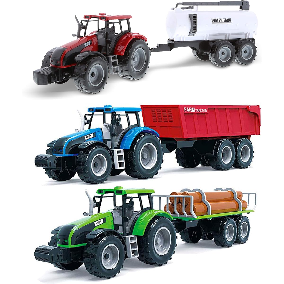 Mozlly Friction Farm Tractor Truck - 16" Tractor Trailer Toy - Farm Tractor, Toy Log Truck Farm Toy Set with Water Tank and Toy Log Truck, Push and Go Farming Toy Playset for Boys and Girls (Set of 3)