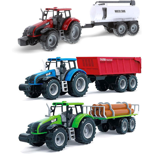 Mozlly Friction Farm Tractor Truck - 16" Tractor Trailer Toy - Farm Tractor, Toy Log Truck Farm Toy Set with Water Tank and Toy Log Truck, Push and Go Farming Toy Playset for Boys and Girls (Set of 3)
