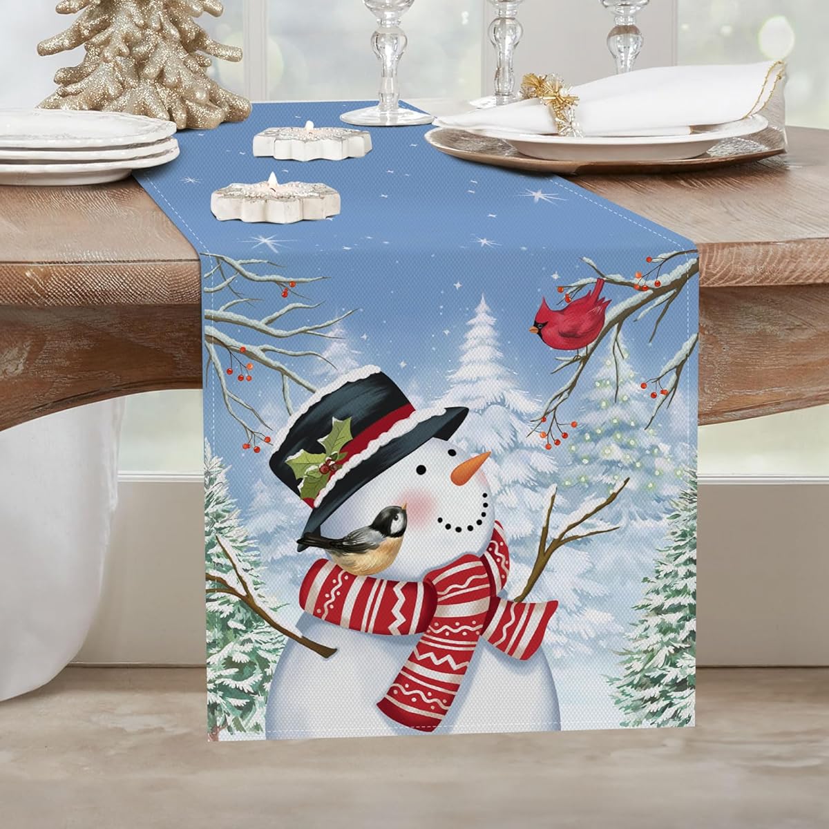 Bonhause Christmas Winter Snowman Table Runner 13x90 Inch Snowy Pine Trees Blue Winter Holiday Kitchen Dining Table Decor Indoor Outdoor Home Party Decor