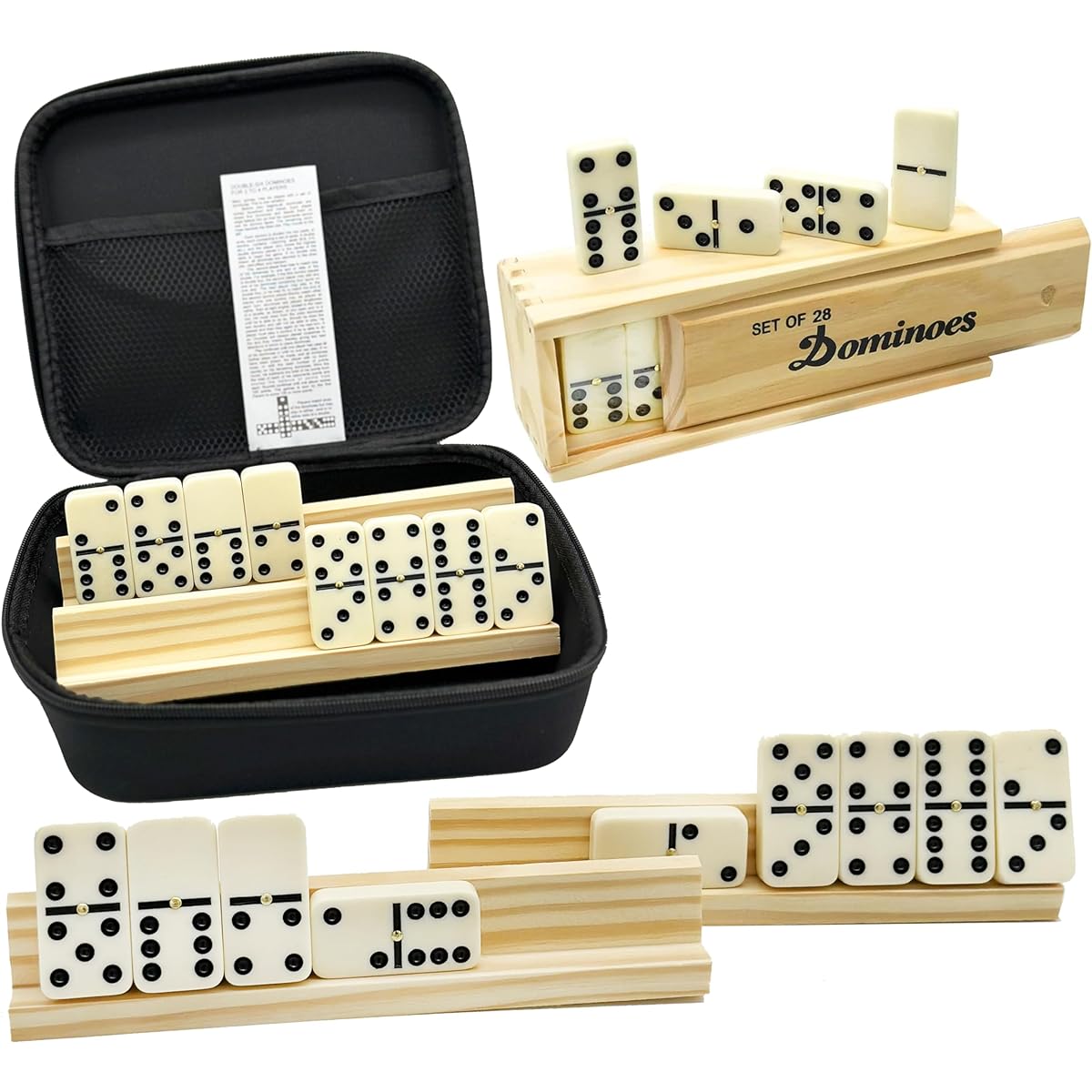 ESSAJOY Domino Set for Adults with 4 Racks/Trays, Domino Set Double Six in Wooden Box, Double Six Travel Domino Set with 4 Tile Holders, 28 Pieces, Standard Domino Set with 28 Tiles