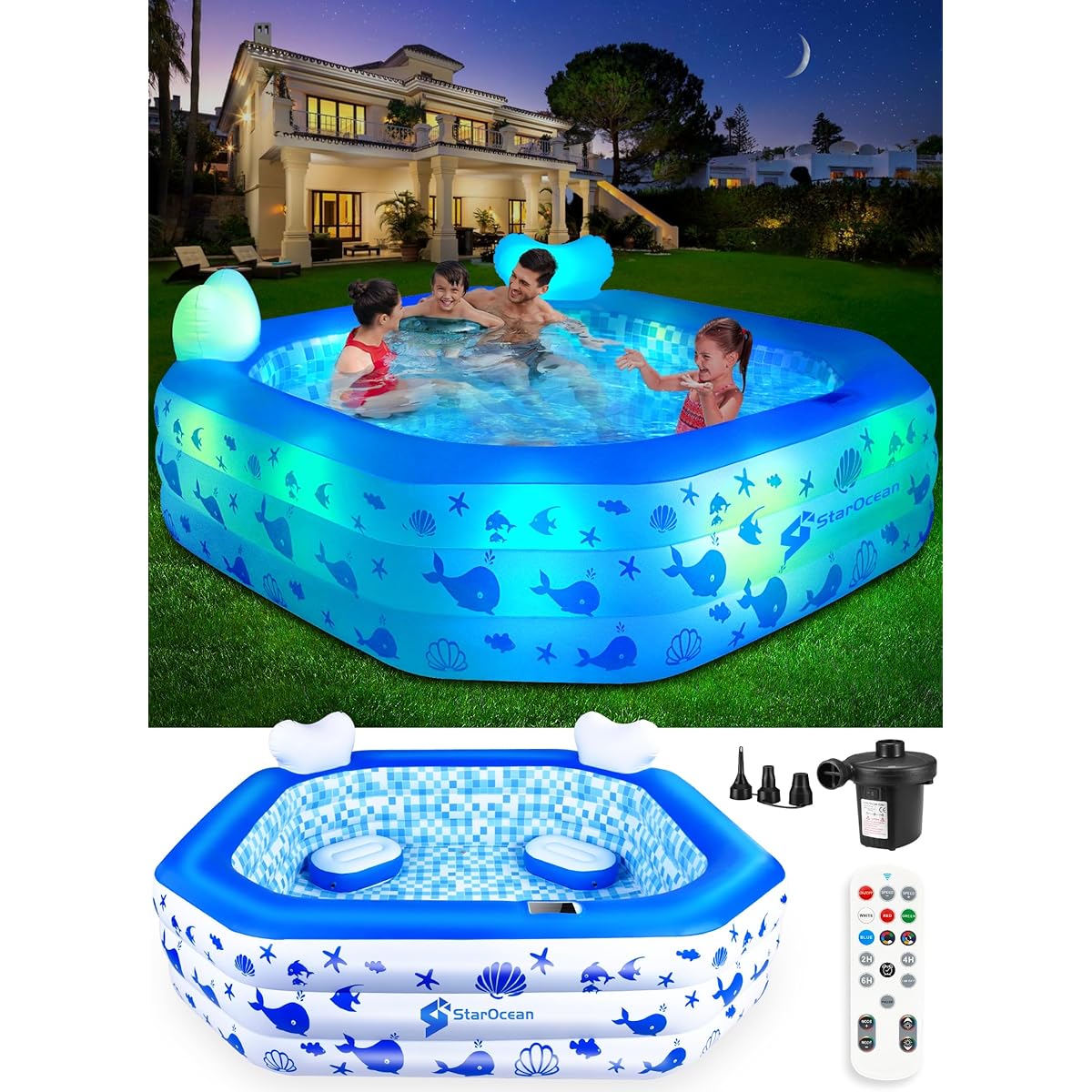 StarOcean Inflatable Pool with Lights 2024 Solar Inflatable Swimming Pool for Kids/Adults Explosive Pool with Remote Control and Pump Large Kids Pool with Seat & Backrest Backyard Kids Pool - 85"x85"x25"