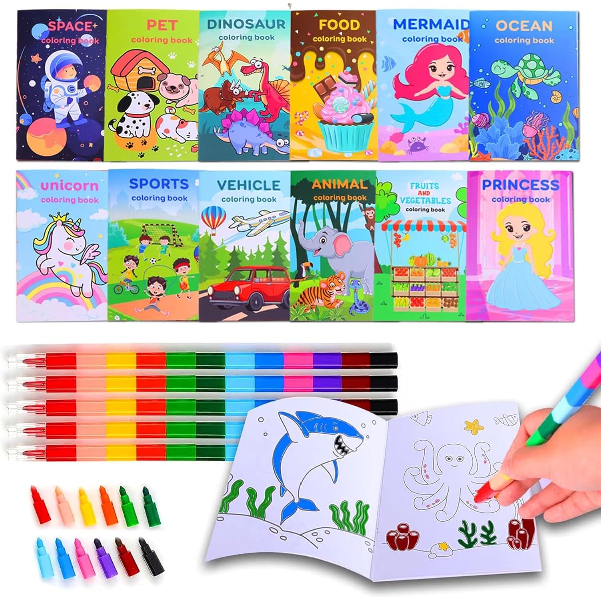 CAVENLLI Kids Coloring Books 24 Count with 24 Crayons, Small Activity Books, Mini Coloring Books Bulk, Ages 2-4-8-12, Small Activity Books, Birthday Party Favors, Gifts, Goodie Bag Fillers