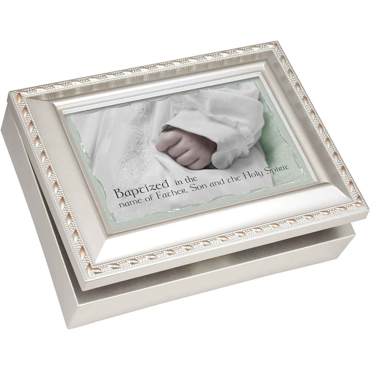 Baptism Champagne Silver Music Box Plays Jesus Loves Me by Cottage Garden