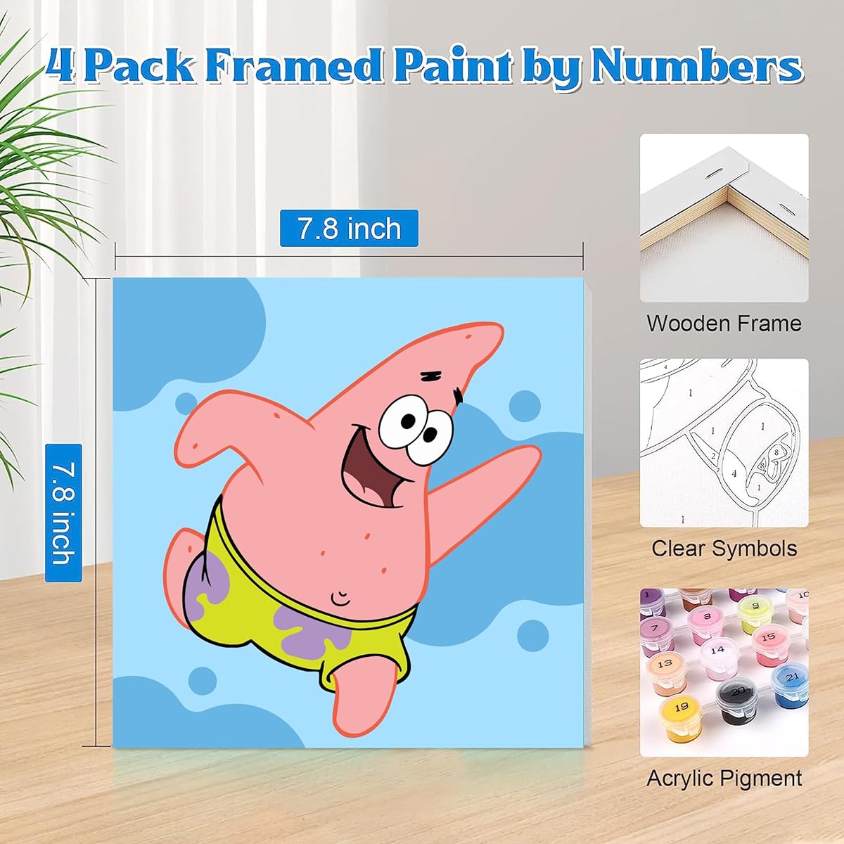 cupmod 4 Pack Cartoon Character Paints for Kids Ages 8-12, Anime Easy Acrylic Paint for Kids on Canvas, Oil Painting Kits for Kids Gifts (Framed)