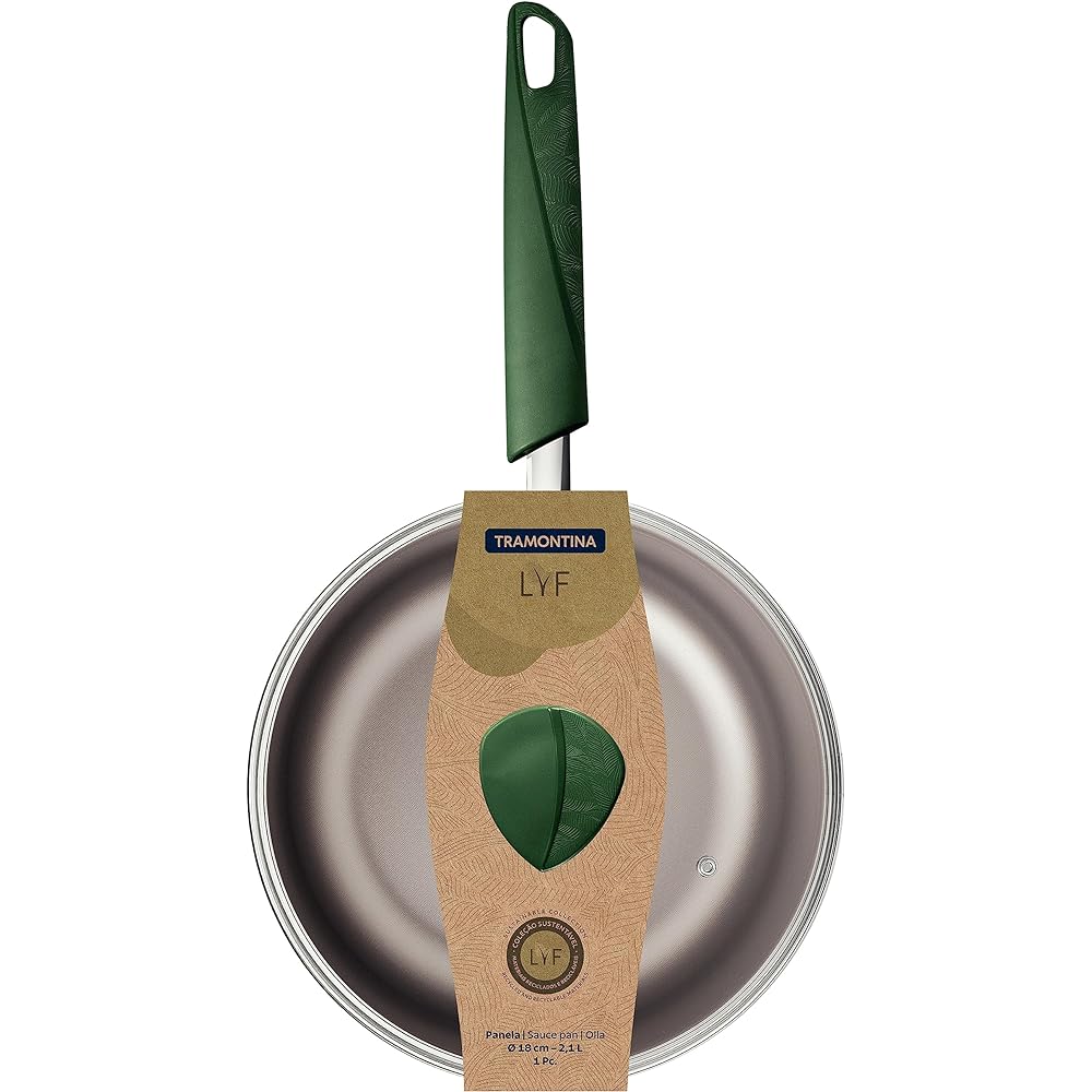 Tramontina One-handed Pot Saucepan Leaf LYF 18cm Aluminum Non-stick Fluorine Coated Glass Lid For Gas Fire Only Lightweight Non-Stick Dishwasher Safe Recycled Resin 28319/218 TRAMONTINA