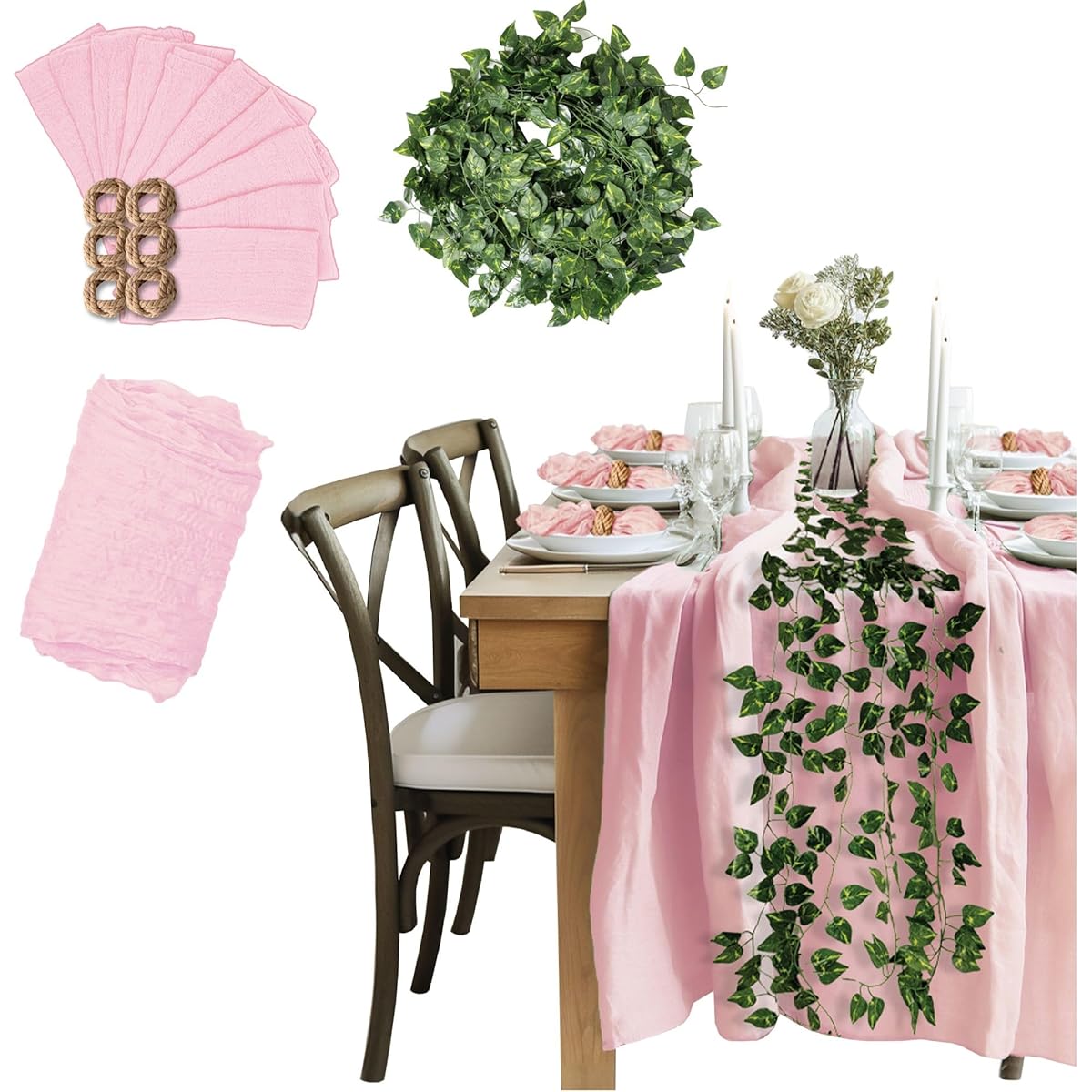 Cheesecloth Table Runner Set - Pink Boho/Rustic Style - 118 x 35 inches Runner with 12 Napkins & Rope Rings and Garland - Perfect for Weddings, Baby & Bridal Showers, Table Decor - Heath & Stone