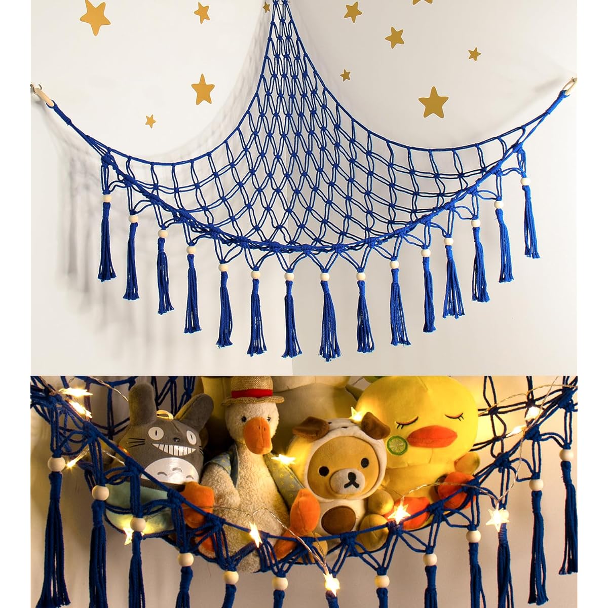 Plush Toy Storage Hammock with LED Lights Macrame Jumbo Doll Room Organizer Mesh Decor Hanging Storage Net for Kids Bedroom (Blue Beads)
