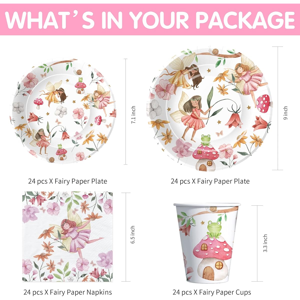 Xigejob Fairy Party Decorations Tableware - Fairy Birthday Party Supplies Plates Cups Napkins Tablecloth Cutlery Flowers Fairies Enchanted Forest Garden Birthday & Baby Shower Decorations | Serves 24
