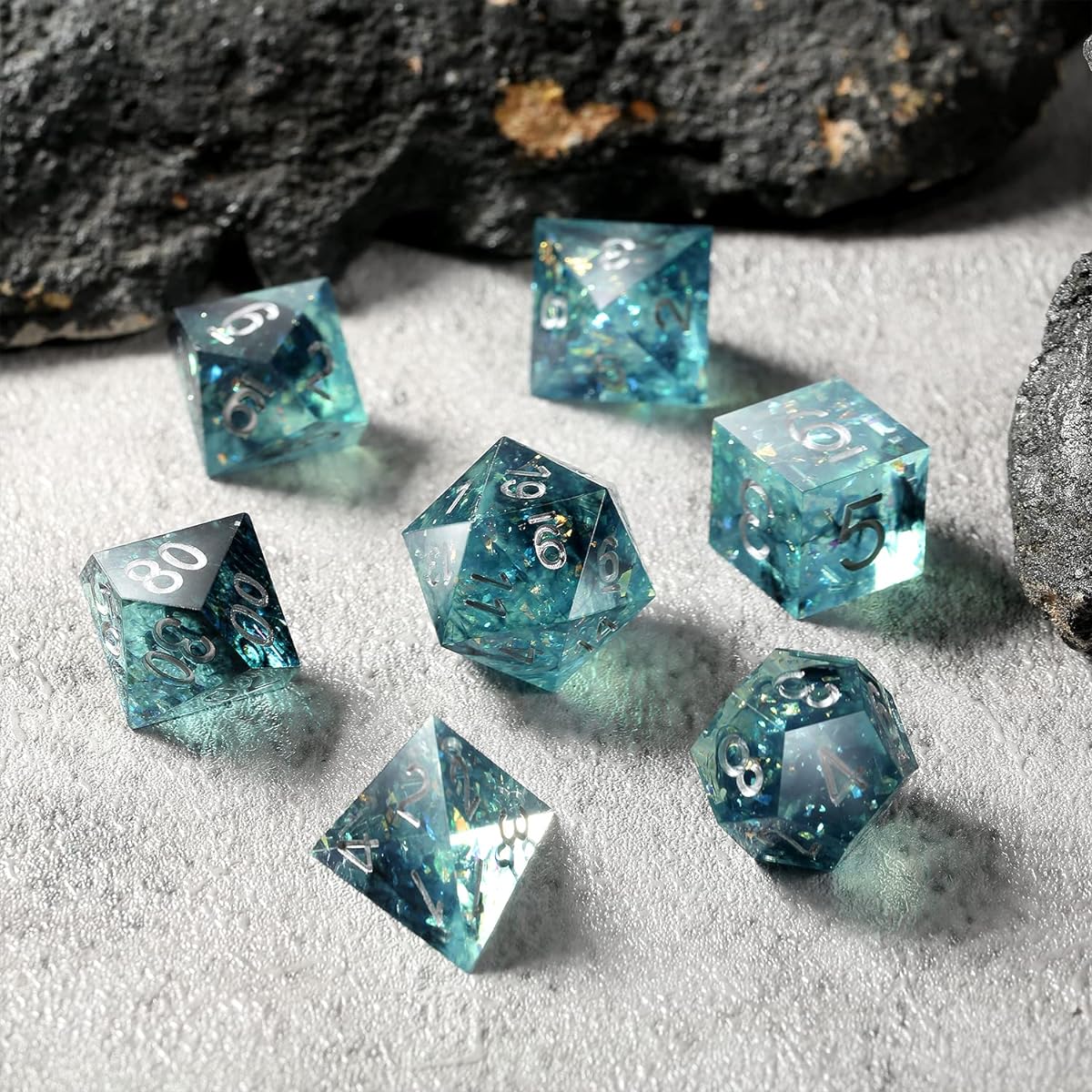 DNDND Shape Dice 7 Pieces Polyhedral Teal Swirl Black with Sequins Gorgeous Interior Gife Case for DND Dungeons and Dragons (Teal Swirl Black with Sequins)