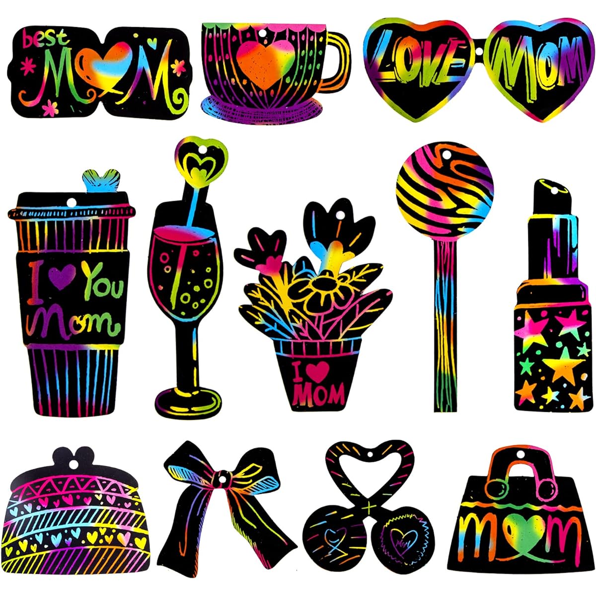 SICOHOME Mother's Day Scratch Art for Kids, 24 Pieces Rainbow Scratch Paper for Mother's Day, Black Scratch Art Paper for Kids DIY Mother's Day Gift Cards, Kids Art Set with 10 Wooden Stylus Pens and 24 Red Ropes