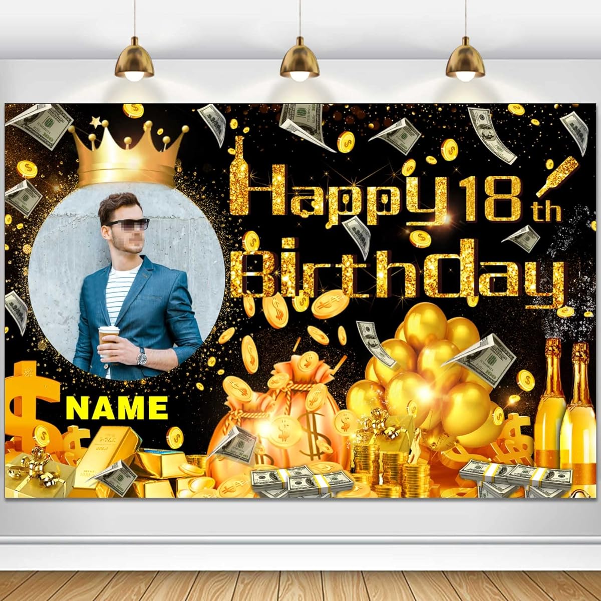 Custom Dollar Money Black and Gold 18th Birthday Party Decorations Supplies Personalized Dollar Money Black and Gold 18th Birthday Background Banner