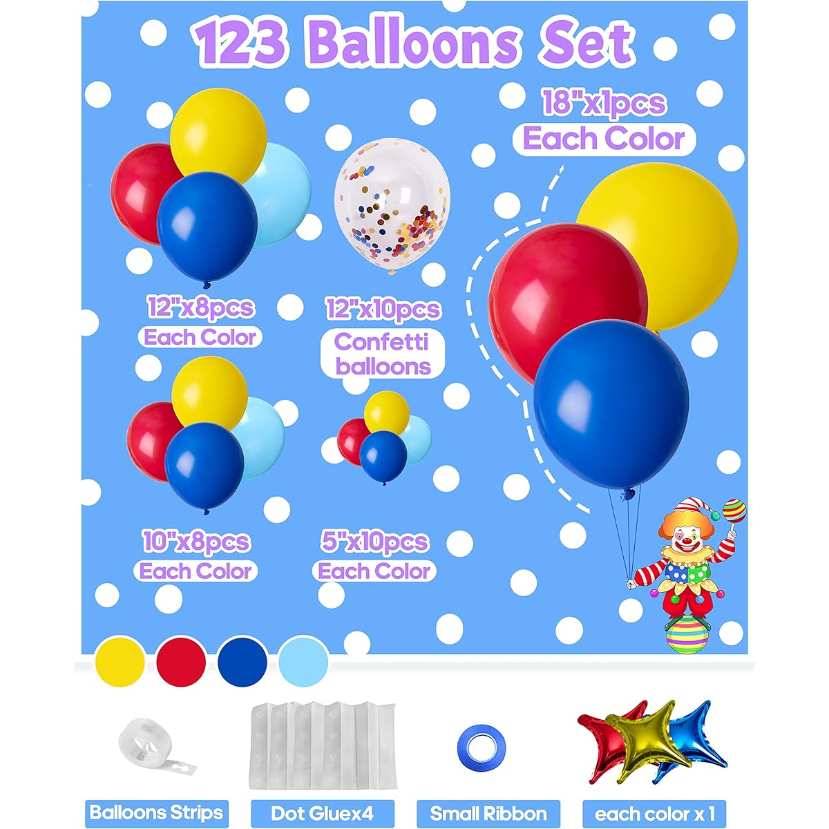 MOMOHOO Carnival Circus Party Decorations - Circus Carnival Balloon Garland Arch Kit with Star Foil Balloons, Primary Colors Red, Blue, Yellow, Latex Balloons and Confetti Balloons