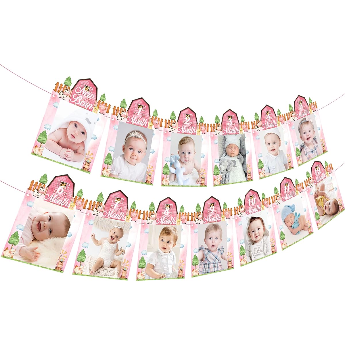 Farm Animals 1st Birthday Photo Banner Pink for Girls Farm Theme Newborn to 12 Months Photo Banner Baby Girl Barn for First Birthday Party