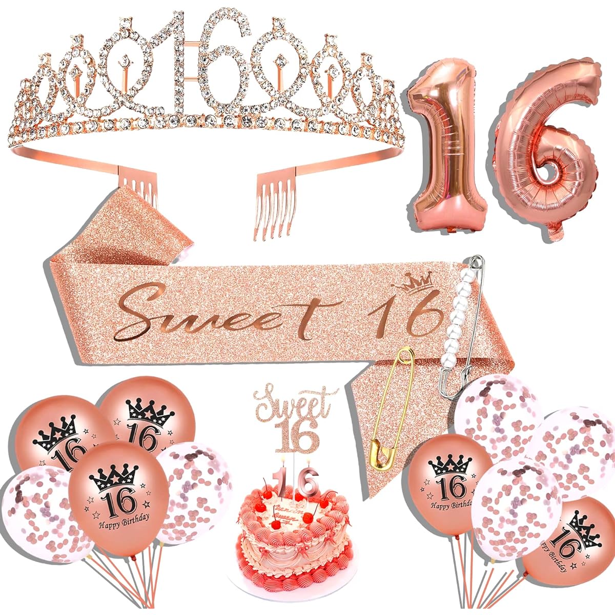 Sweet 16 Birthday Decoration Sweet 16 Sash 16 Tiara Sweet 16 Cake Topper Balloon Pin and Candle Set Rose Gold