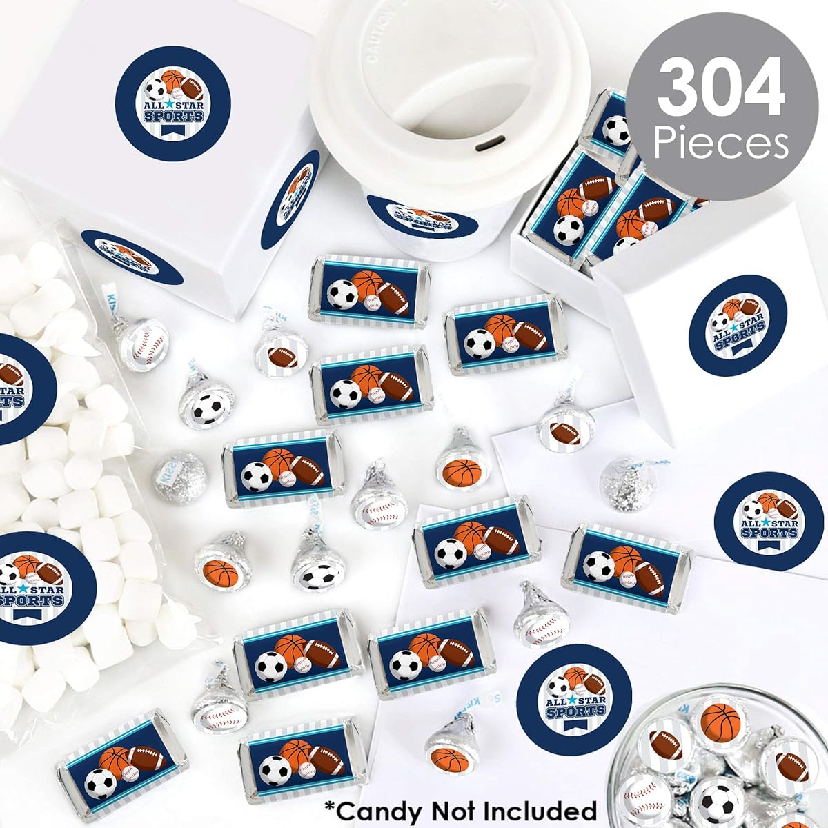 Big Dot of Happiness Go, Fight, Win - Sports - Mini Candy Bar Wrappers, Round Candy Stickers and Circle Stickers - Baby Shower or Birthday Party Candy Favors Sticker Kit - 304 Pieces