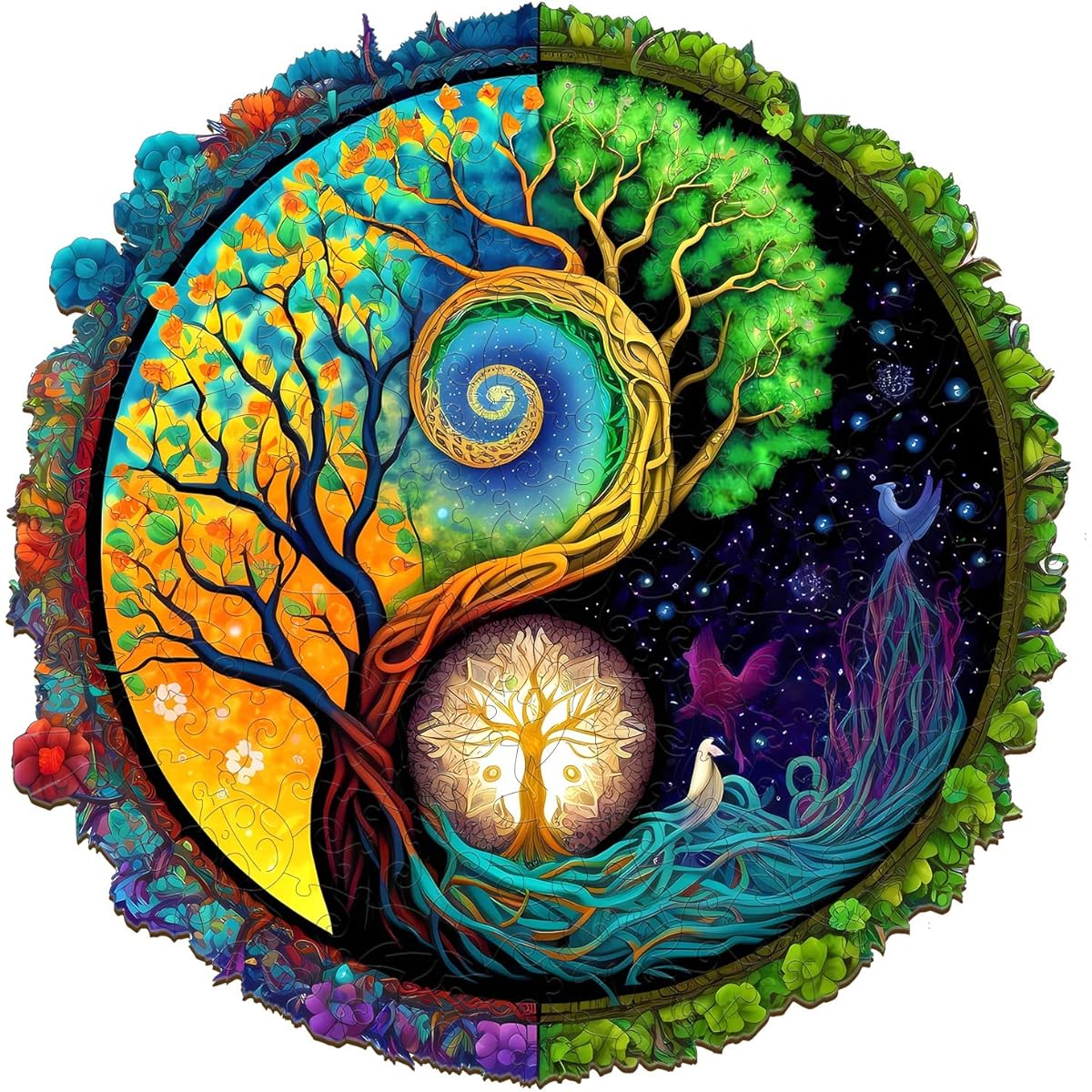 Wooden Puzzle Jigsaw Puzzle Beautiful Sun and Moon Tree Wooden Puzzle for Adults Unique Wooden Jigsaw Puzzle Pieces Fun Challenging Tree Puzzle Gift Family Game 200 Pieces 11.8 x 11.8 Inch
