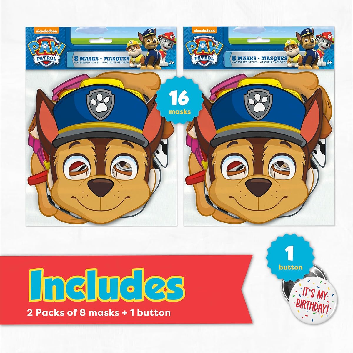 Unique Paw Patrol Masks for Kids Parties | Paw Patrol Kids Birthday Favors | Paw Patrol Decorations with Buttons | 16 Pack
