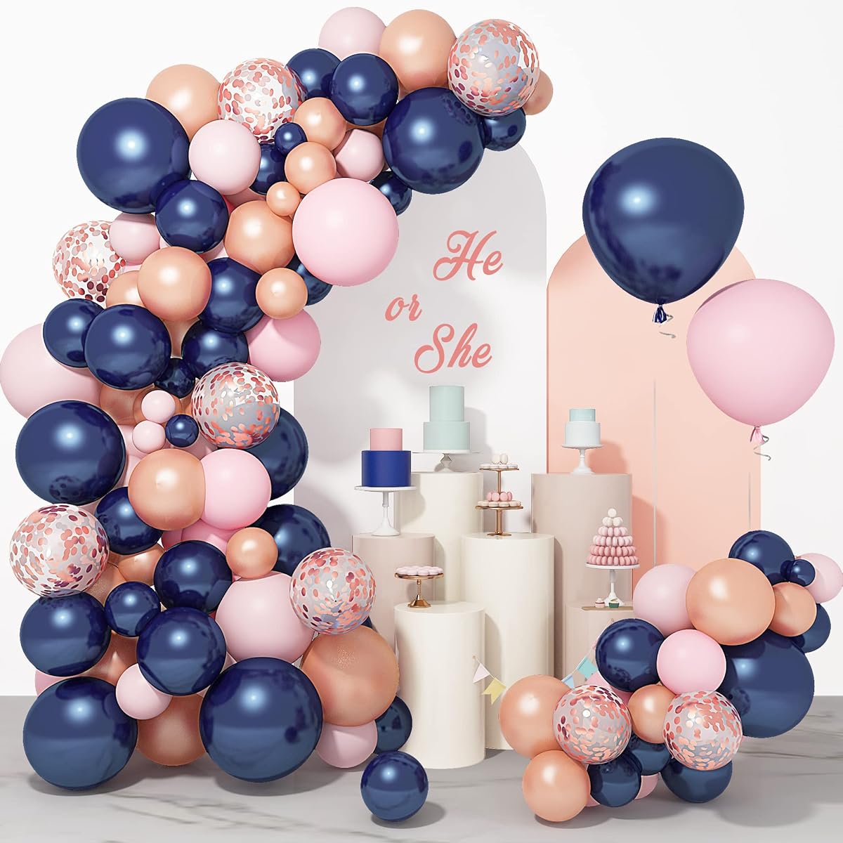 Gender Reveal Balloon Garland Kit, 151pcs Rose Gold Navy Blue Pink Confetti Balloons, 16ft Arch Strip, Gender Reveal Decorations, Baby Shower, Boy or Girl Birthday Party Supplies