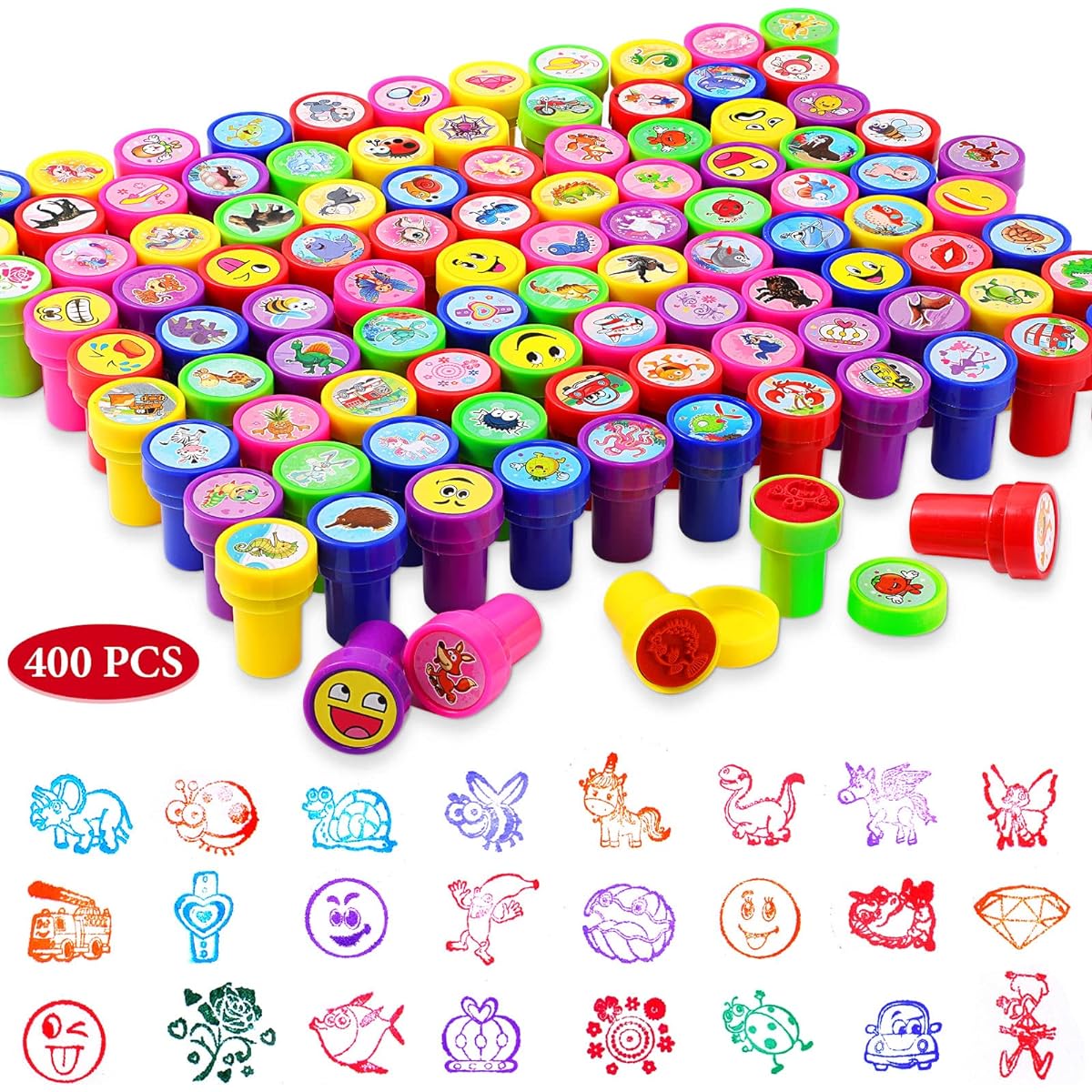 Sratte 400pcs Assorted Stamps for Kids, Self Inking Stamps, Bulk Teacher Stamps, Party Supplies, Easter Egg Fillers, Treasure Chest for Kids, Goodie Bag Fillers, Game Giveaways, Classroom Rewards, 100 Patterns