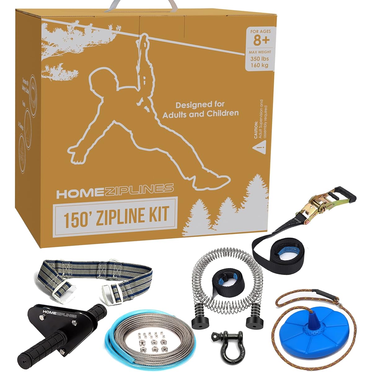 HomeZiplines Zipline for Kids and Adults Up to 350 lbs - 150/100/200 Feet - Quick Setup Zipline for Backyard Kids and Adults - 100% Rustproof with Safety Harness - Zipline for Adults - Zipline Kit