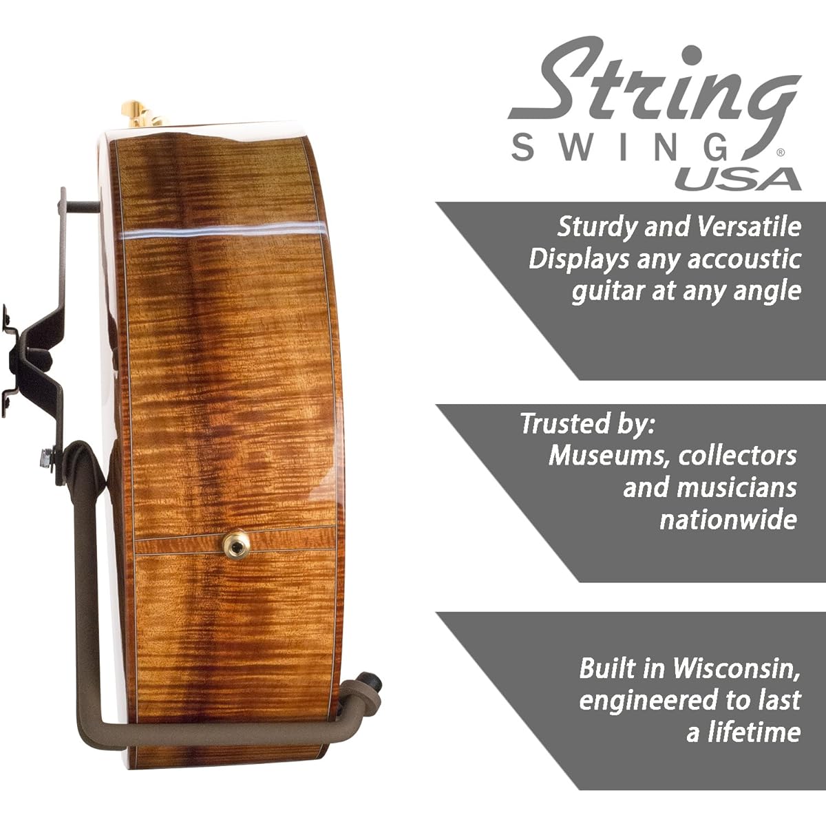 String Swing Guitar Holder Thin Wide Body for Horizontal Flat Wall Mount - 1 Piece Unit CC151-LPW-FW
