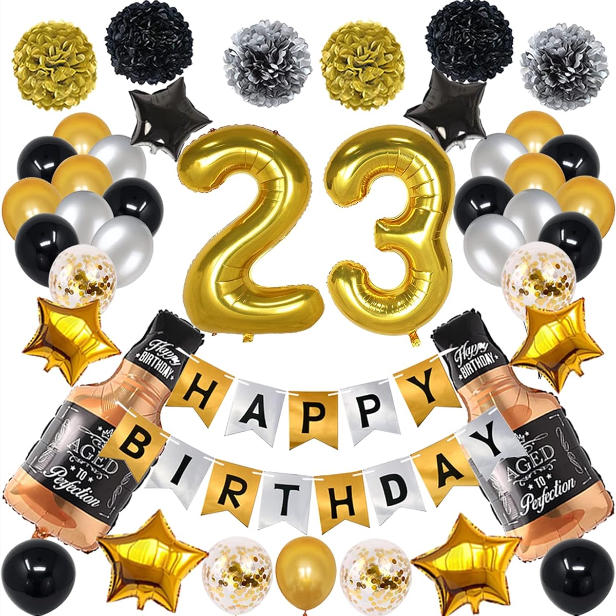 NANINUNENO 23rd Birthday Decorations Gold Black Silver Happy Birthday Balloons for Boys Girls Women Birthday Party Set 23 Gold Number Balloons Happy Birthday Banner Whiskey Bottle Balloons