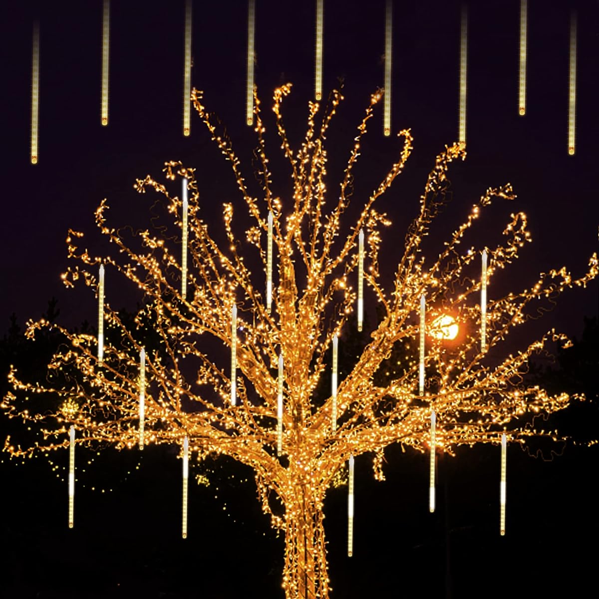 Meteor Shower Lights 12" Outdoor Icicle Christmas Lights 8 Tube 288 LED Icicle Lights Snow Falling Lights Connectable Raindrop Lights for Christmas Wedding Party Tree Holiday Decoration Warm White