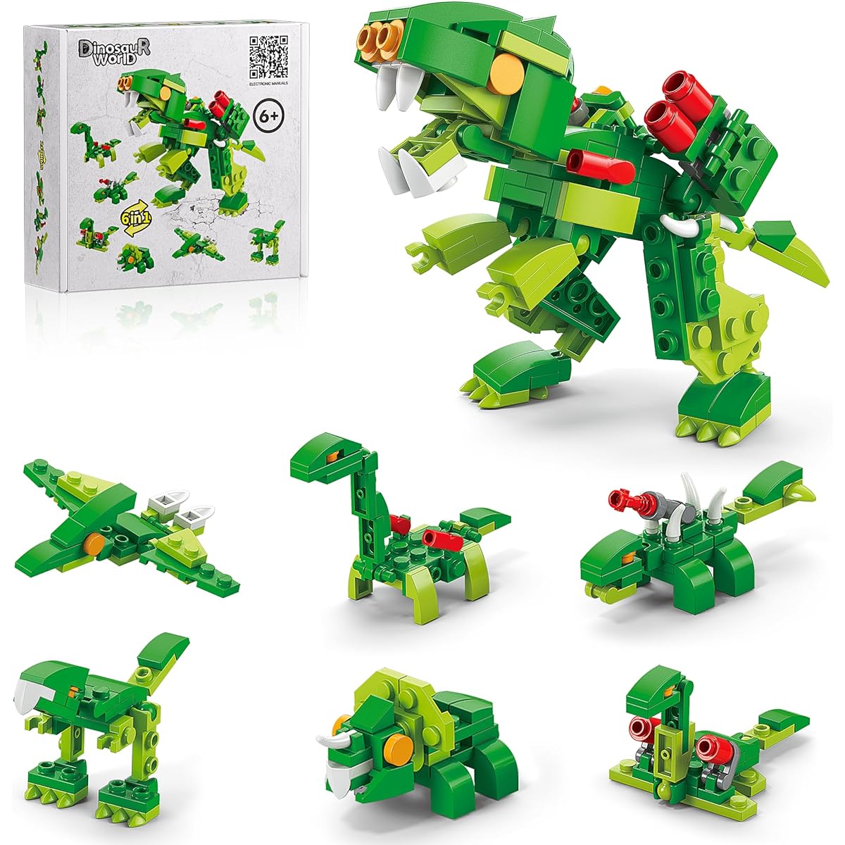 WATSABRO Dinosaur Building Blocks STEM Toy 6-in-1 T-REX Toy Set Assembly Kit Kids Boys Girls Gift