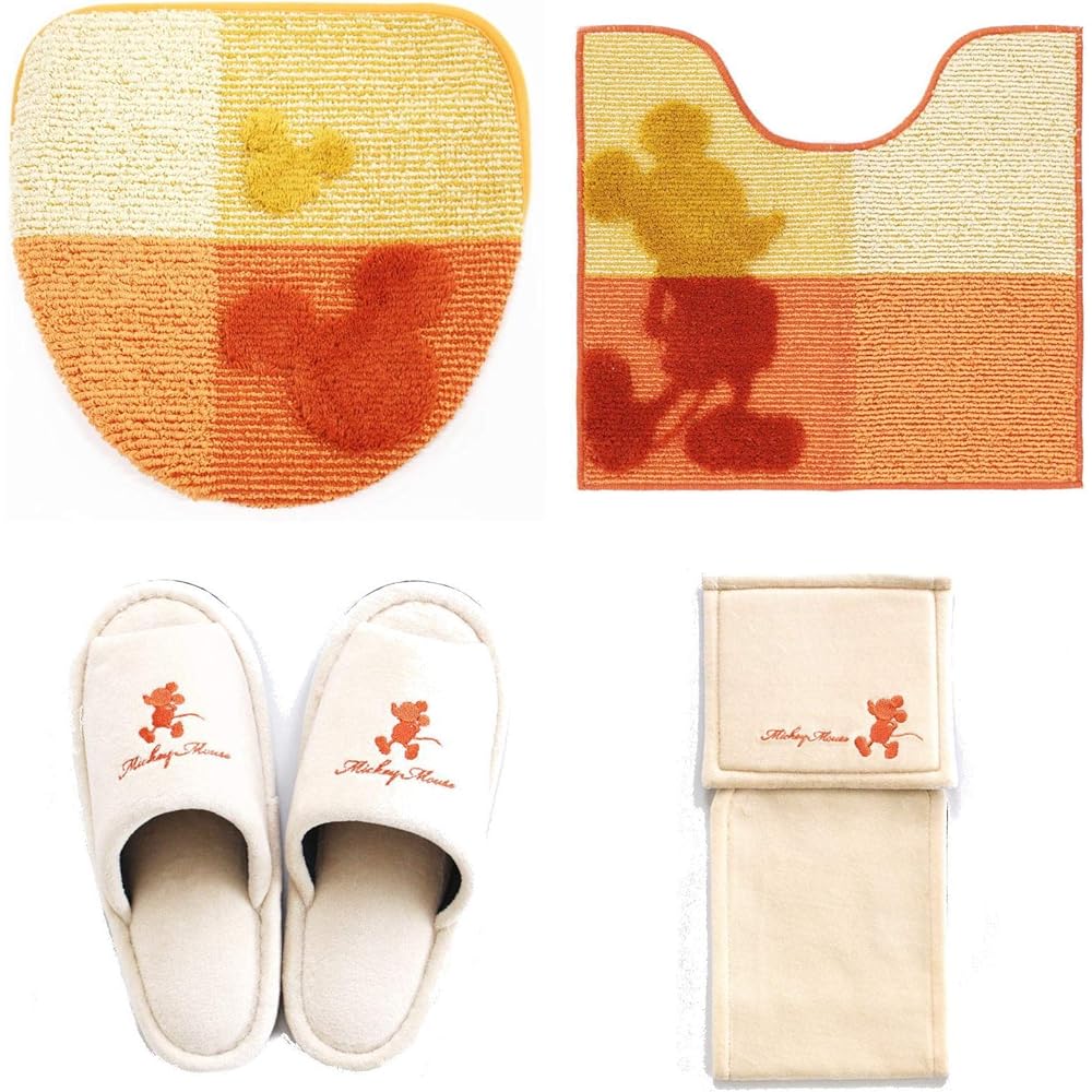 Toilet mat 4-piece set Disney Mickey (normal size toilet mat + washing heating type lid cover + slippers + paper holder cover) Orange Mickey Mouse MC style