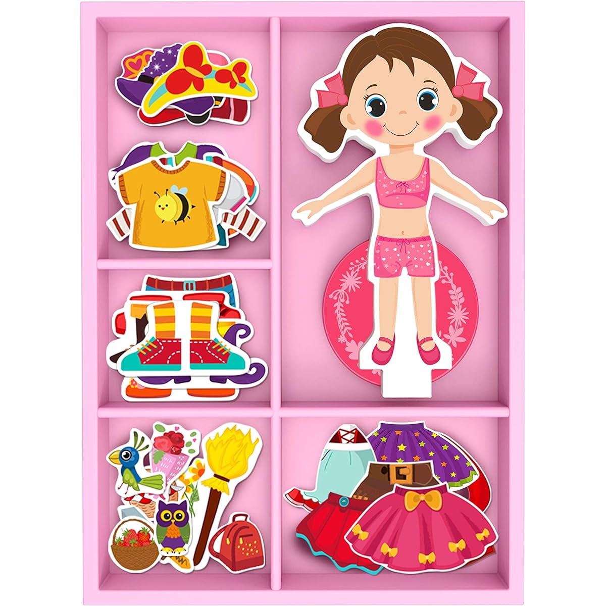 TOYSTERS Magnetic Wooden Dress Up Doll Toy Pretend Play Set Includes: 1 Wooden Doll with 30 Costume Dress Ideas Not Your Average Paper Doll Great Gift for Little Girls Ages 3+ (PZ550)