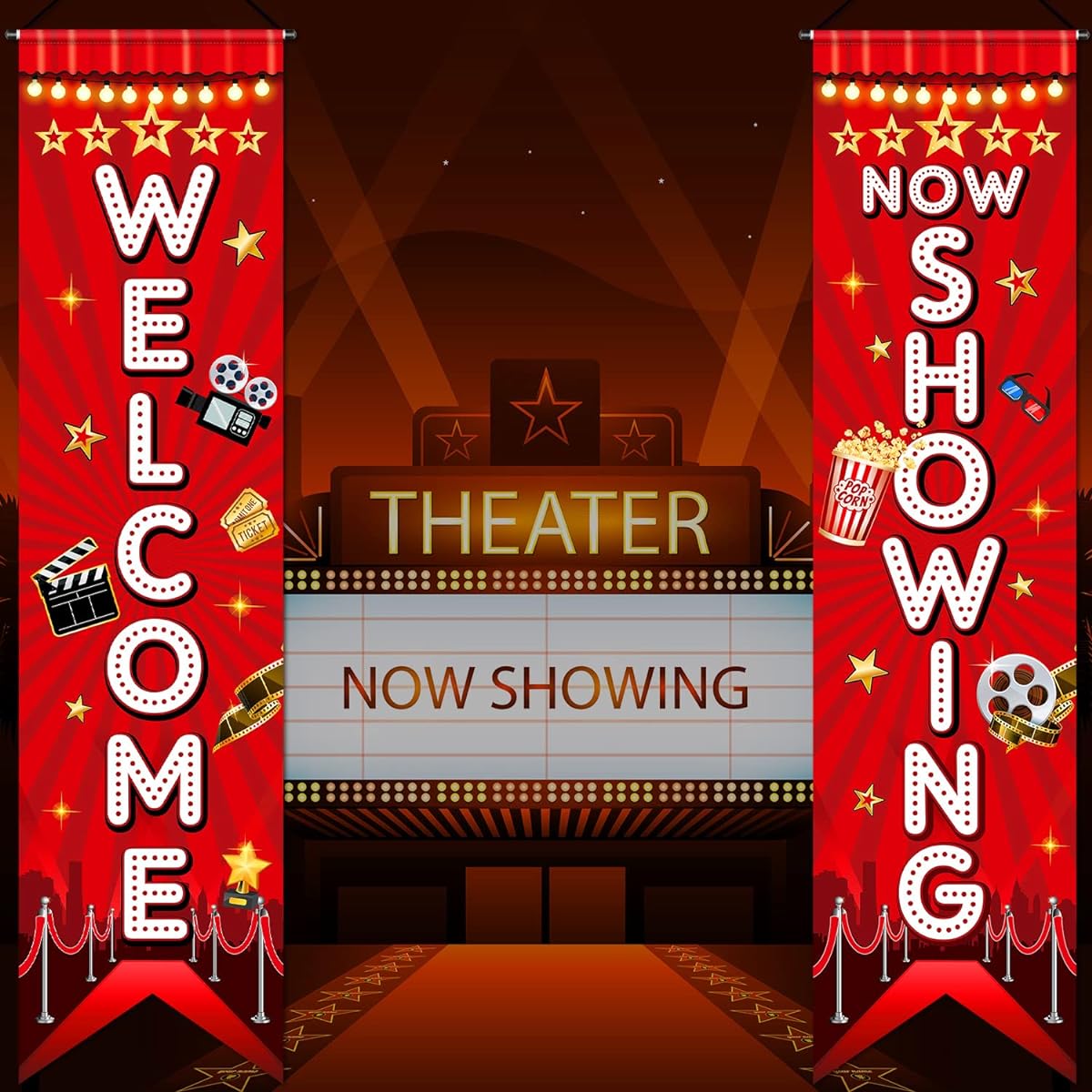 Movie Night Porch Sign Banner, Movie Theme Party Decorations Movie Theater Welcome Now Show Lights Camera Action Hanging Porch Sign Home Film Backdrop Party Supplies (Classic Style 2pcs)