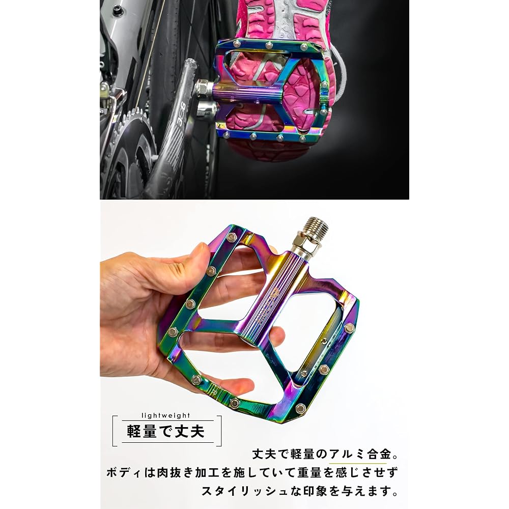 GORIX Pedal Bicycle Flat Pedal Oil Slick Aluminum Lightweight CNC Machining Anti-Slip Spike Pin Wide Width (GX-FY001) Stylish Road Bike Cross Bike MTB Pedal Replacement Bicycle Pedal