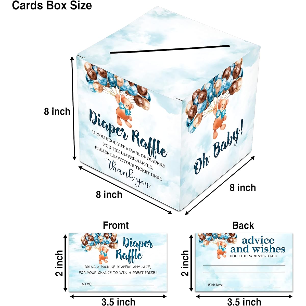 Diaper Raffle Tickets for Baby Shower, Bear Balloon Theme Baby Shower Card Box and Advice Cards Party Favors Decoration Supplies Game Cards Card Collection Box 1 Pack 50 Cards (bb009 hezi)