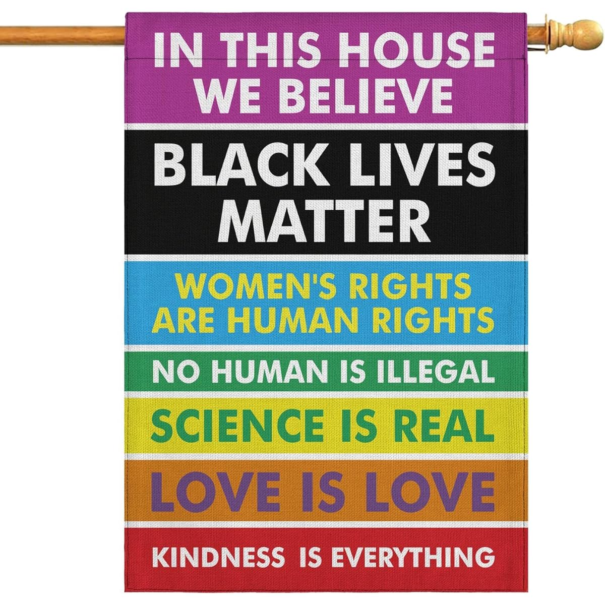 Gay Pride Garden Flag 28x40 Inch In This House We Believe Science Is Real Black Lives Matter Double Sided Vertical Burlap Flag for Outdoor Decor