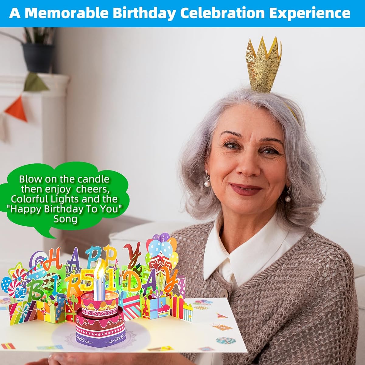 Gumry 51ST Musical Birthday PopUp Card, Blowable LED Light Candle 3D Cards with Song 'HAPPY', Applause Cheers Sound,Color-Changing Lights,Colourful Greeting Cards for Women Men Turning 51 Years Old