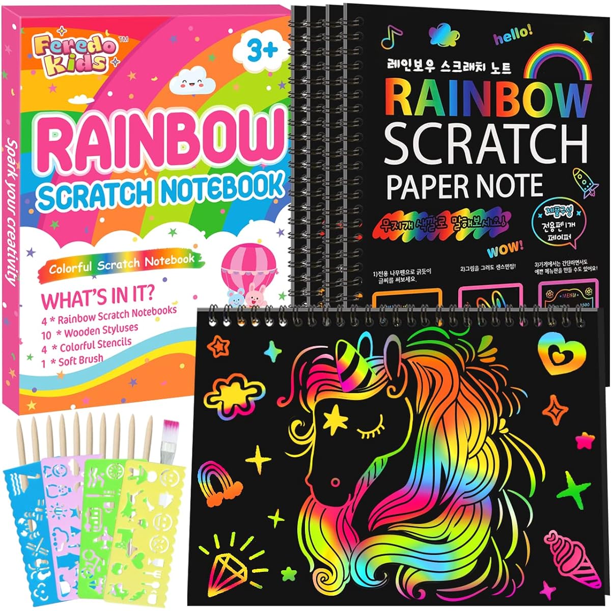 FEREDO KIDS Rainbow Scratch Note Paper - Black Scratch Off Art Craft Supplies Coloring Kit Toys for 3-9 Years Girls Boys DIY Kids Birthday Christmas Easter Activity Gift 4 Pack