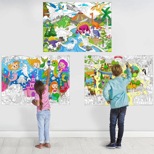 3 Pack Large Coloring Posters for Kids Giant Coloring Posters Huge Coloring Pages Dinosaur Mermaid Zoo Animals for Classroom Home Activities Kids Gifts Party Favors (43.3 x 31.5 Inch)