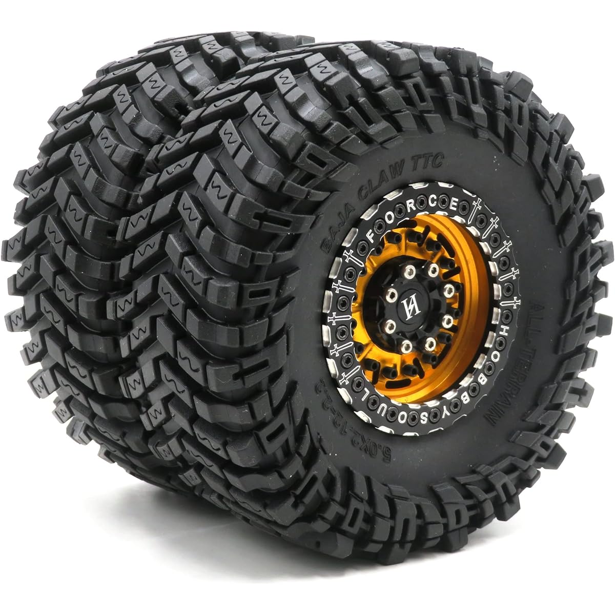 HOBBYSOUL RC 2.2 Tire Tyre 127mm/5.0inch & Aluminum 2.2 Beadlock Wheel Rim Gold & Black for 1/10 Mud Rock Crawler Truck Axial Yeti Capra SCX10 Traxxas trx4 Redcat Gen8