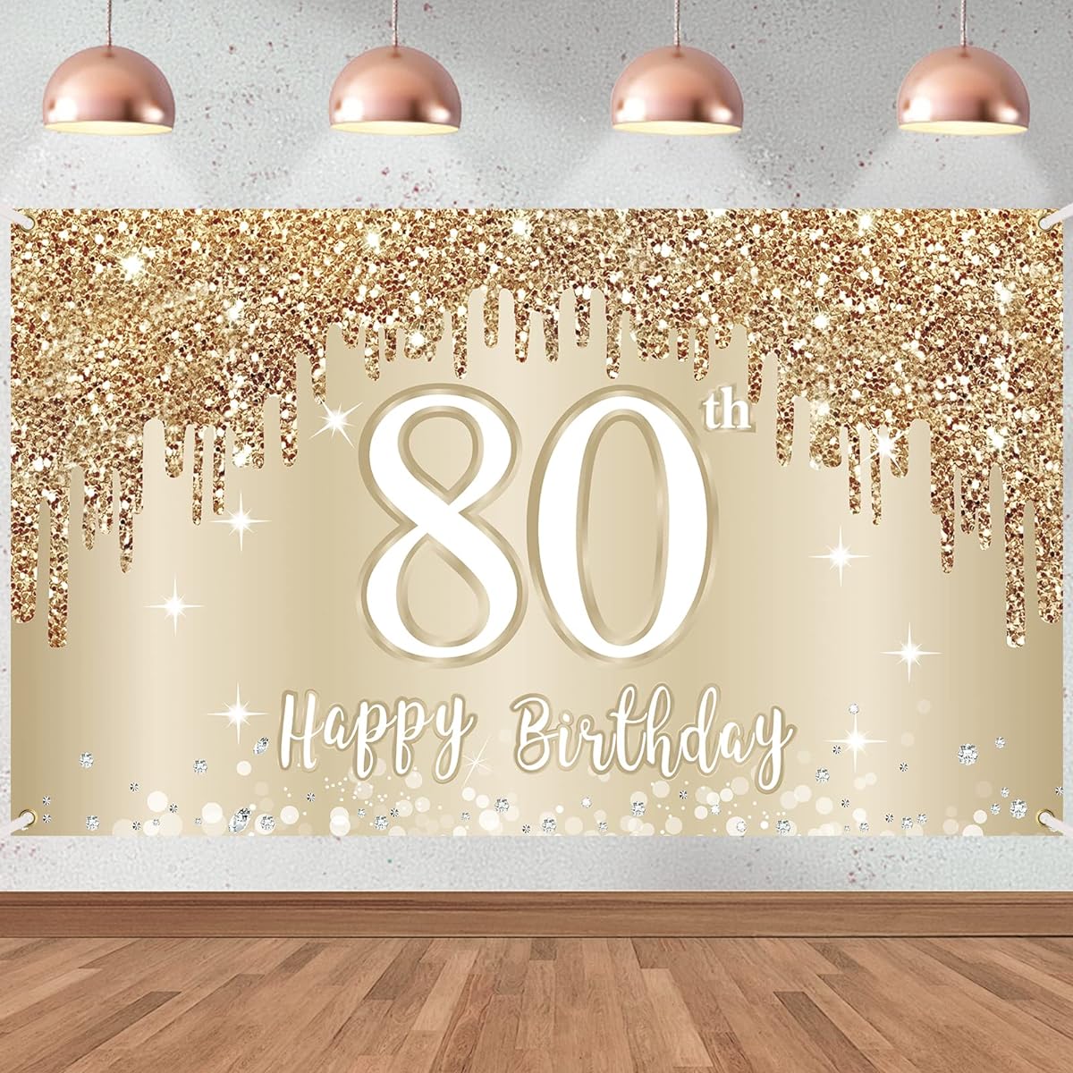 Happy 80th Birthday Banner Background Decoration for Women Gold White 80th Birthday Sign Party Supplies 80th Birthday Photo Booth Background Poster Decoration (72.8 x 43.3 inches)