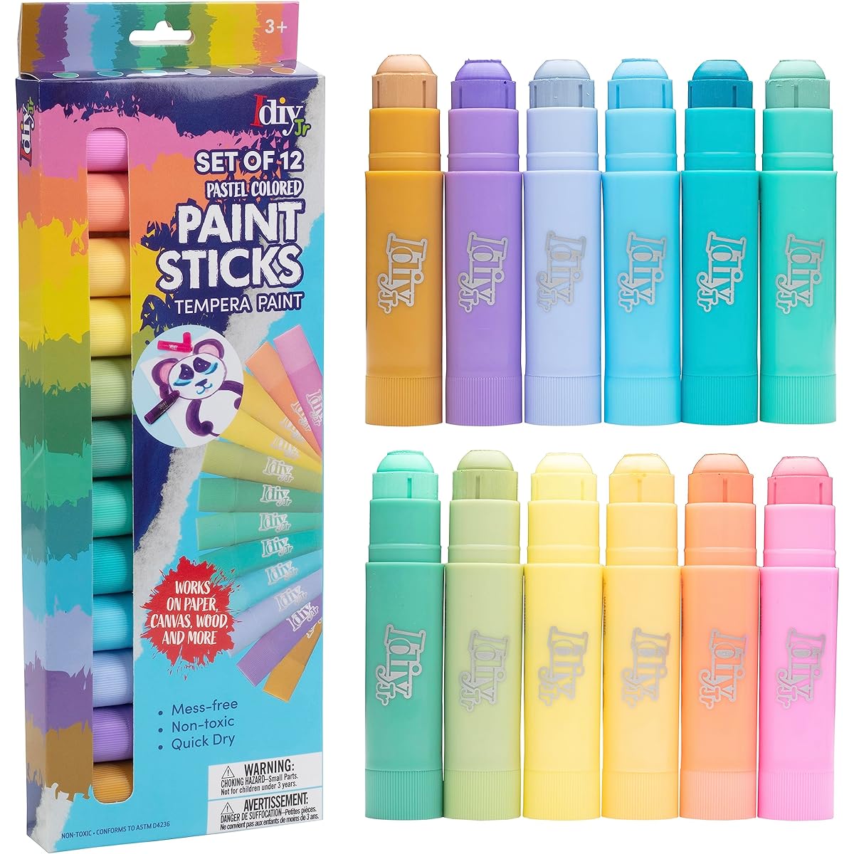 Idiy Tempera Paint Sticks (Pastel Colors 12 Pack) - All Classroom School Supplies Art & Craft Projects, Draw & Paint on Wood, Paper, Ceramic, Canvas! Fast Drying, Non-Toxic, No Stain