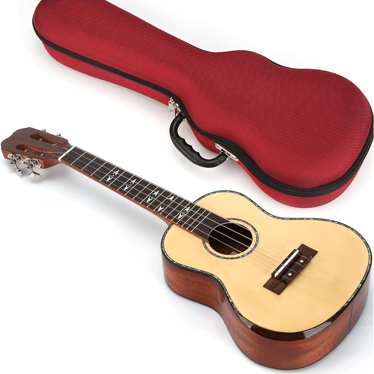 EnergyPower EP-2DS Ukulele Concert Deluxe Model Spruce Top Slotted Head 23 Inch Original Hard Case Included Spruce/Mahogany Solid Fluorocarbon Strings Natural Abalone Inlay Hawaiian Instrument (EP-2DS [Spruce Concert])