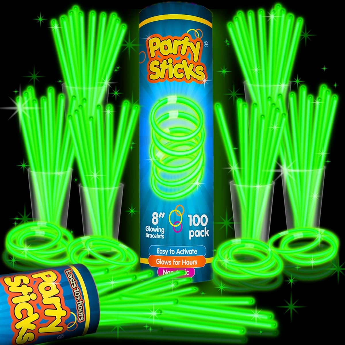 PartySticks Green Glow Sticks Party Supplies 100 Pack - 8 Inch Glow in the Dark Light Up Sticks Party Favors Glow Party Decorations Neon Party Glow Necklace Glow Bracelet with Connectors