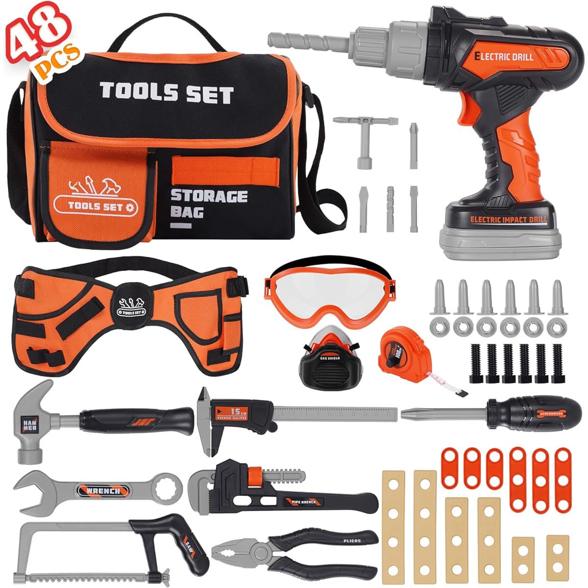 Tool Set for Kids - 48 Pieces Toddler Tool Set Toys Electronic Toy Drill with Tool Bag, Tool Belt & Tape Measure Pretend Play Kids Construction Tool Kit for Boys Kids Birthday Gifts Ages 3+