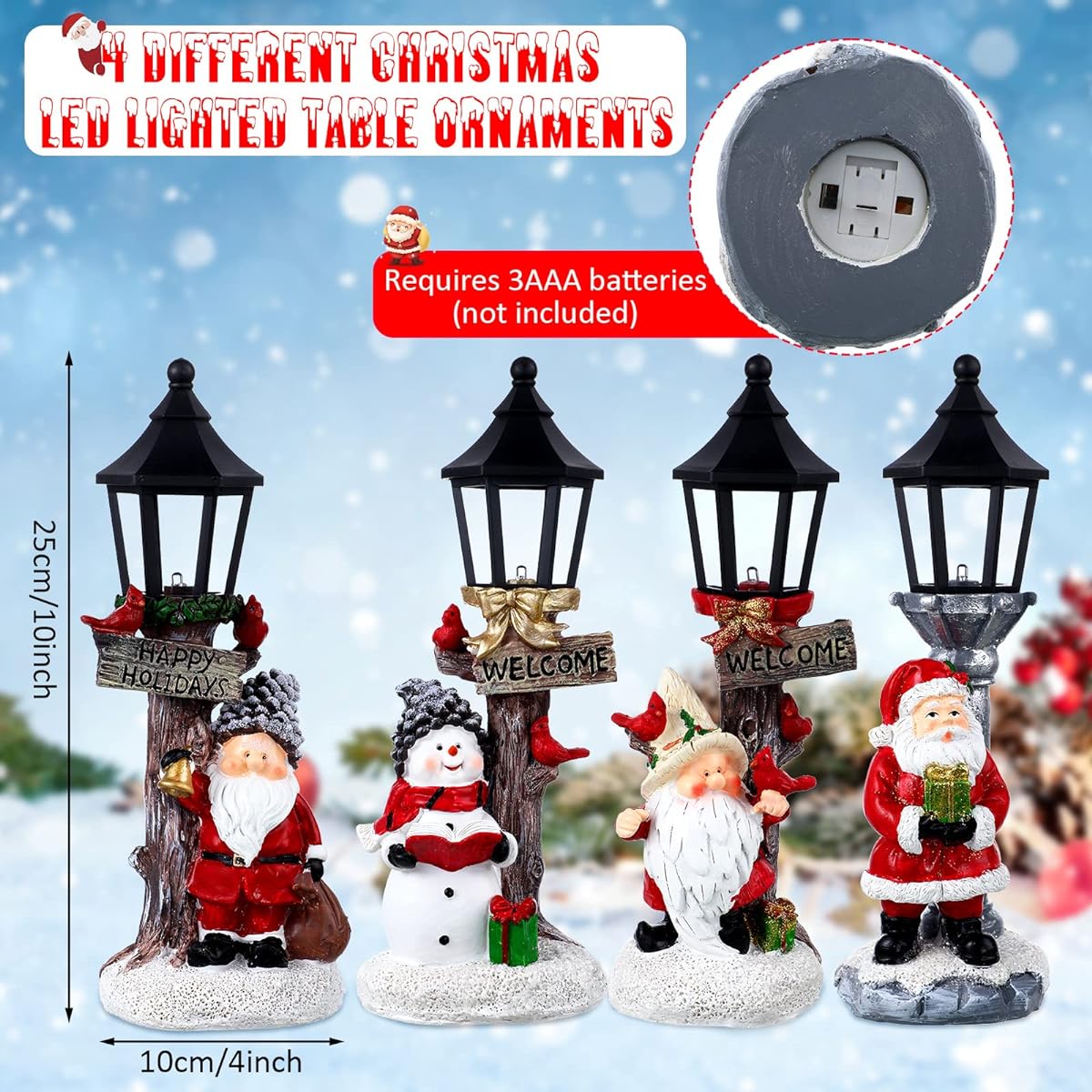 Christmas Table Centerpieces 4 Pieces 10 Inch Santa Snowman Centerpiece with Light Up Street Light Santa Glowing Lamp Post LED Battery Powered with Lights for Christmas Village Display Home Table Ornaments