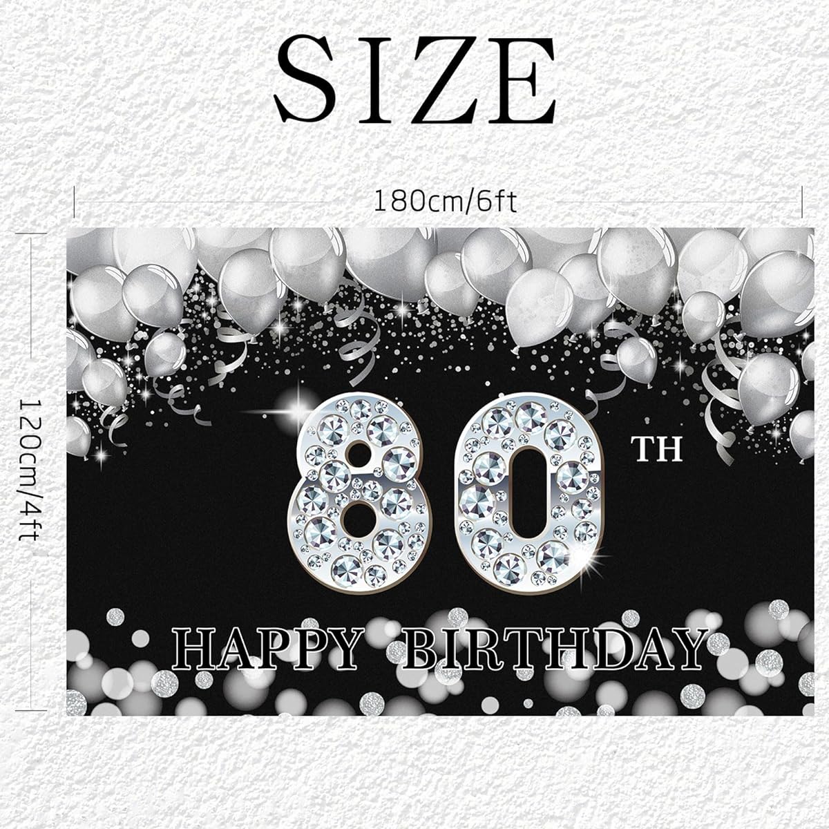 Happy 80th Birthday Backdrop 80th Birthday Decoration Banner Black Silver Large Background for Unisex 80th Birthday Party 6x4ft