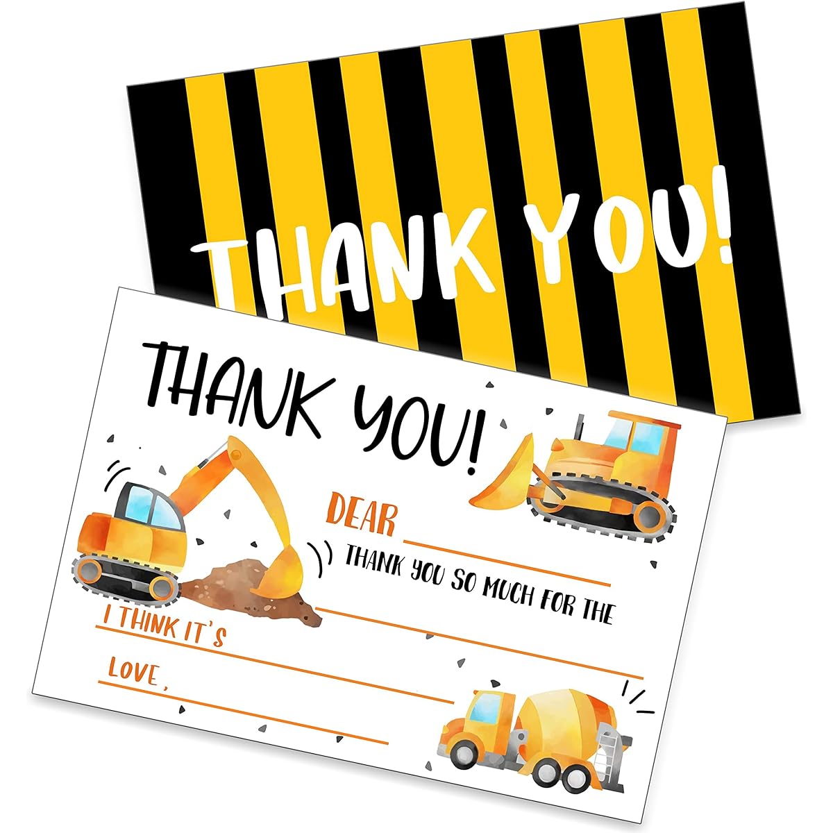 Birthday Thank You Card, Fill in the Blank Thank You Card, Construction Theme Birthday Party Supplies, Decorations, 20 Cards, 20 Envelopes (SRGXK002)