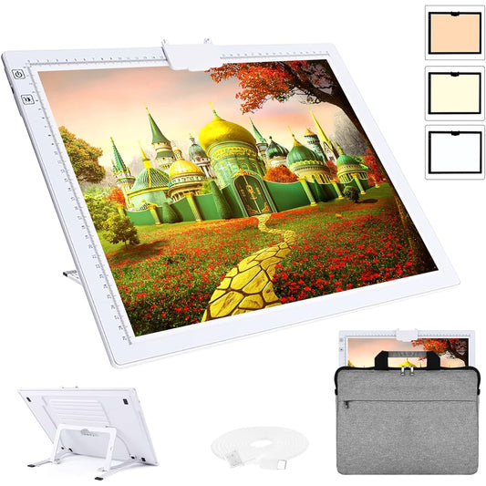 ASRAS LED Light Pad with Carry Bag, Rechargeable Battery Powered Tracing Light Box, 3 Colors, Infinitely Dimmable, 6 Brightness Levels, Diamond Painting, Light Board, Built-in Stand, Magnetic Clip